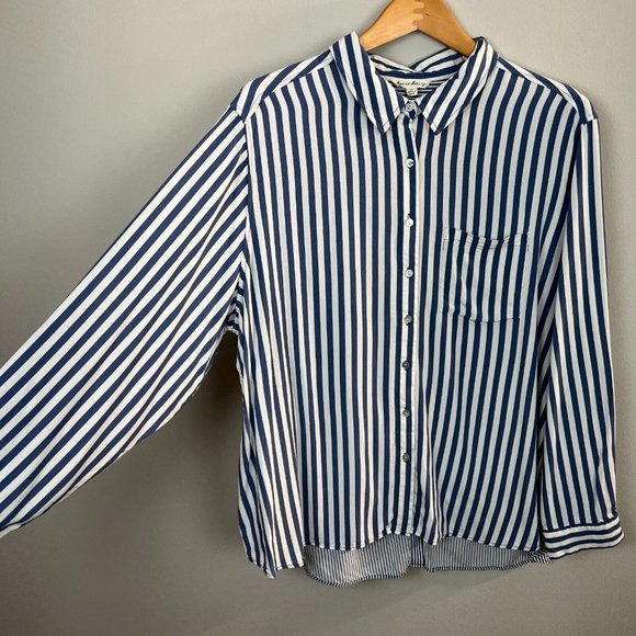 Jane and Delancey Tunic Top 2X Blue White Button Shirt Striped Roll Tab Sleeve - Picture 3 of 10